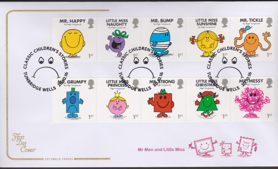 2016 -Mr Men & Little Miss , Cotswold First Day Cover,Classic Children Stories,Tunbridge Wells Postmark